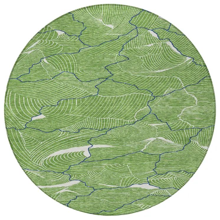 8' Green Blue And Ivory Round Abstract Washable Indoor Outdoor Area Rug