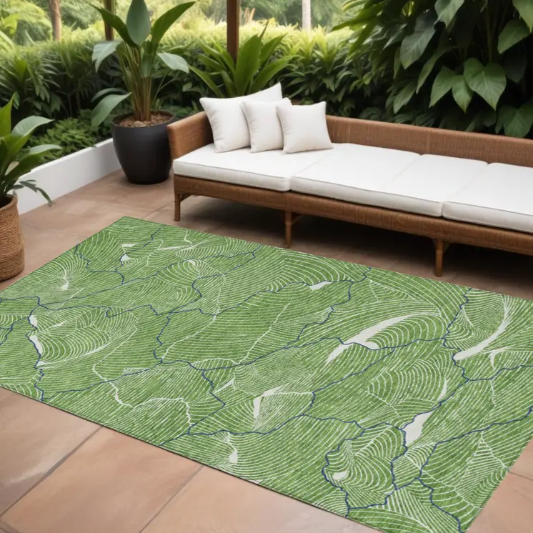 10' X 14' Green Blue And Ivory Abstract Washable Indoor Outdoor Area Rug