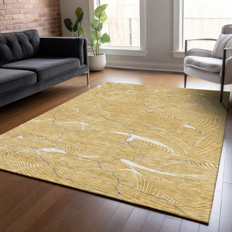 5' X 8' Gold Charcoal And Ivory Abstract Washable Indoor Outdoor Area Rug