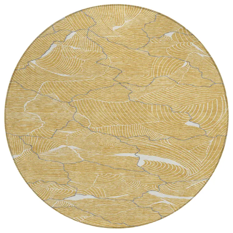 8' Gold Charcoal And Ivory Round Abstract Washable Indoor Outdoor Area Rug