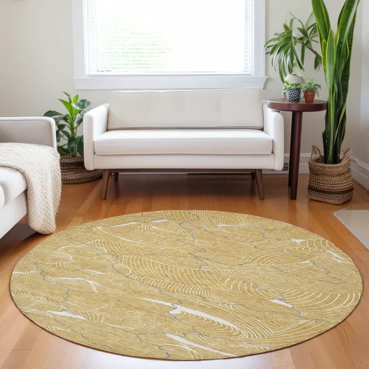 8' Gold Charcoal And Ivory Round Abstract Washable Indoor Outdoor Area Rug