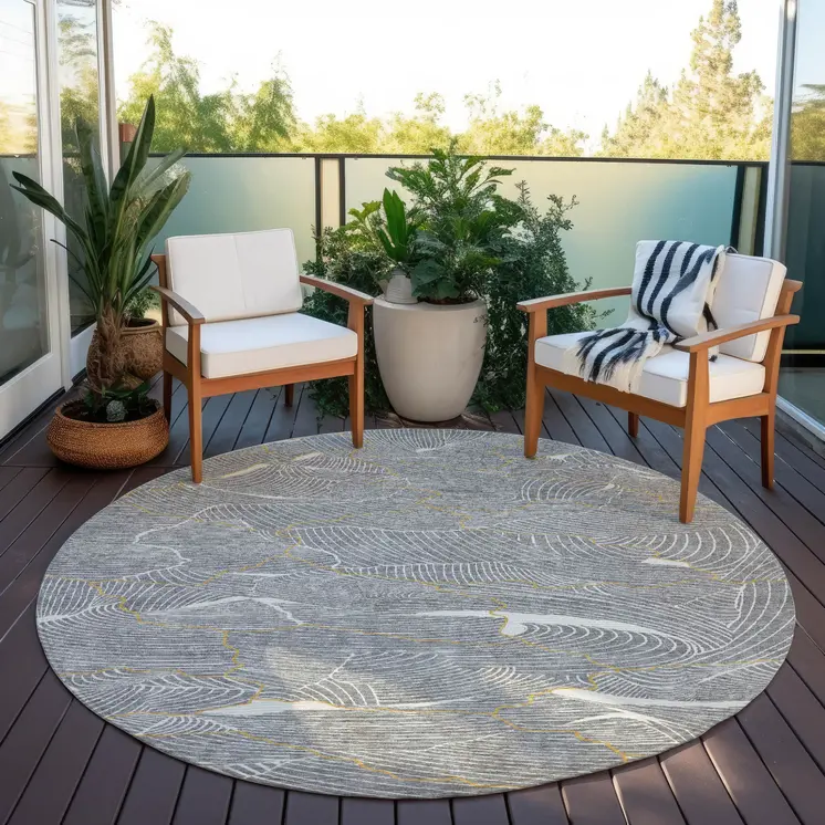 8' Gray Brown And Ivory Round Abstract Washable Indoor Outdoor Area Rug