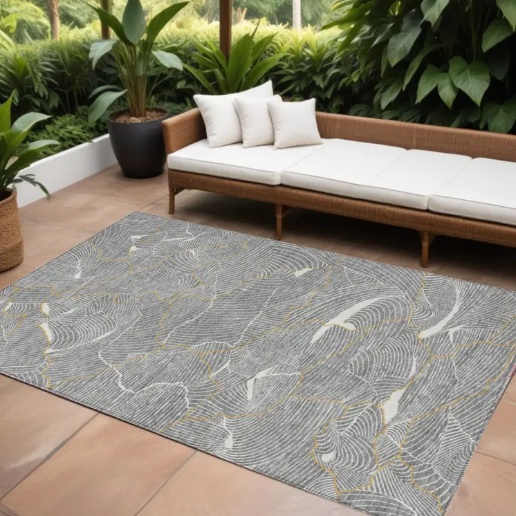 9' X 12' Gray Brown And Ivory Abstract Washable Indoor Outdoor Area Rug
