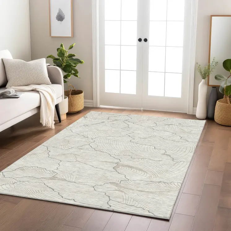 3' X 5' Ivory And Gray Abstract Washable Indoor Outdoor Area Rug