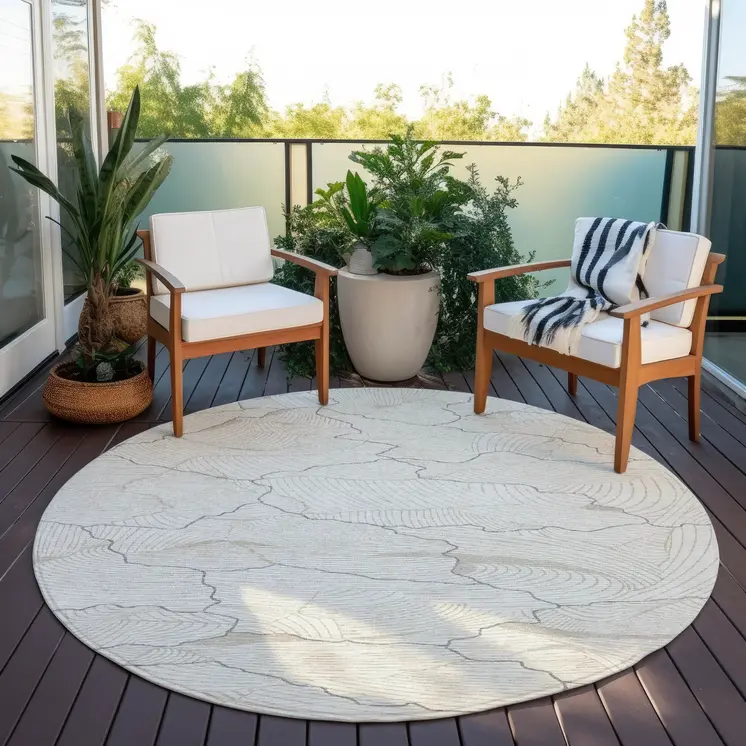 8' Ivory And Gray Round Abstract Washable Indoor Outdoor Area Rug