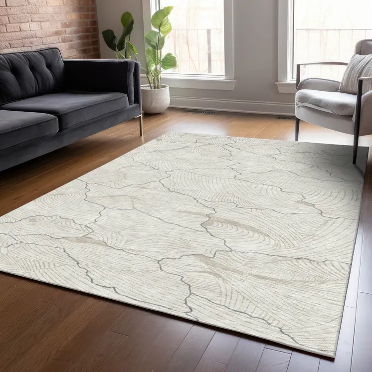 8' X 10' Ivory And Gray Abstract Washable Indoor Outdoor Area Rug