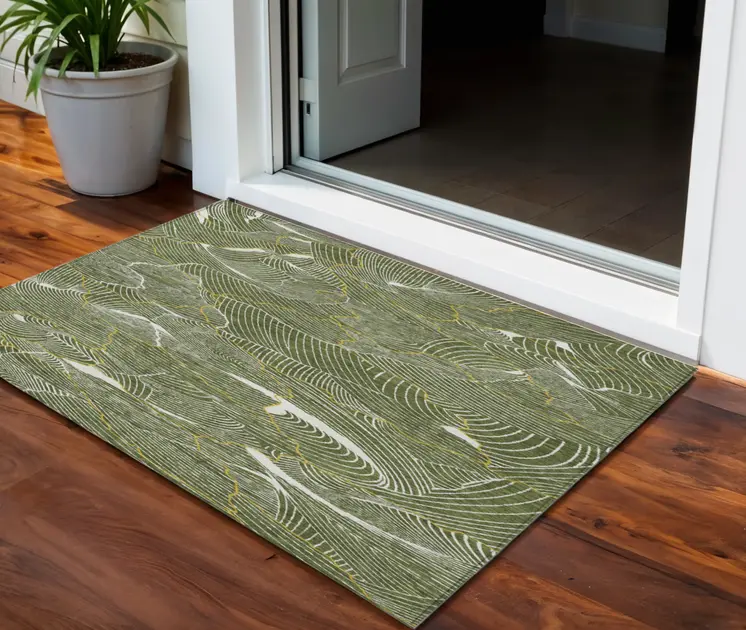 3' X 5' Olive Green Gold And Ivory Abstract Washable Indoor Outdoor Area Rug