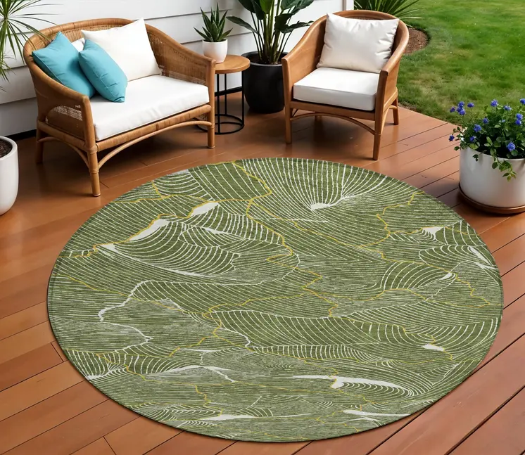 8' Olive Green Gold And Ivory Round Abstract Washable Indoor Outdoor Area Rug