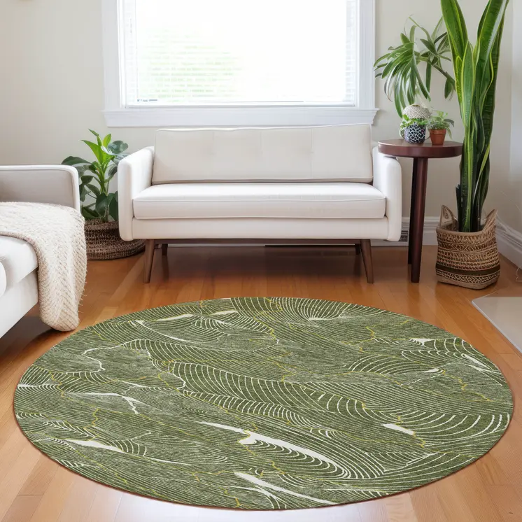 8' Olive Green Gold And Ivory Round Abstract Washable Indoor Outdoor Area Rug