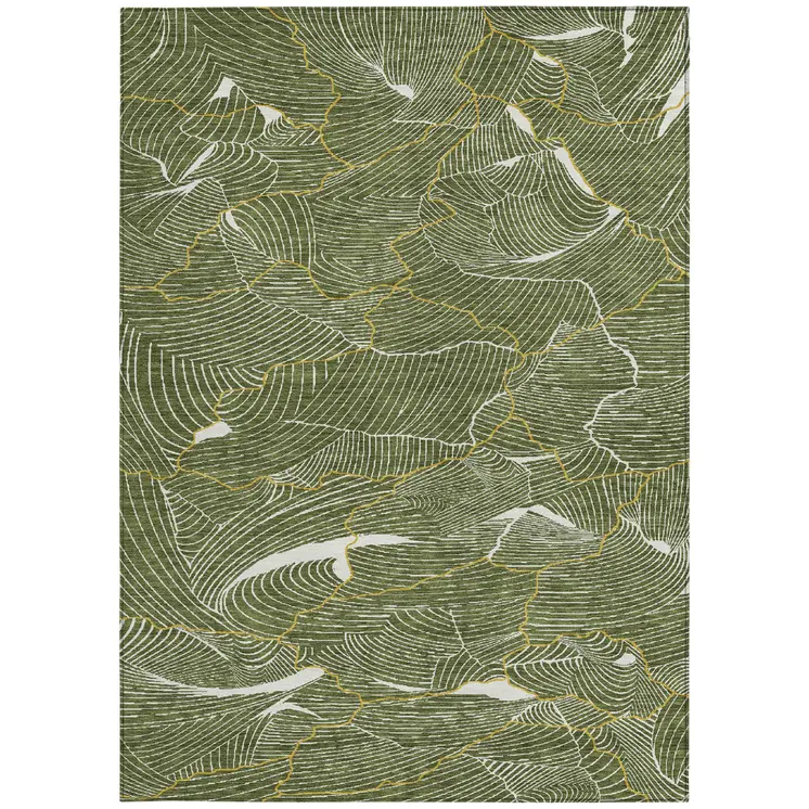 9' X 12' Olive Green Gold And Ivory Abstract Washable Indoor Outdoor Area Rug