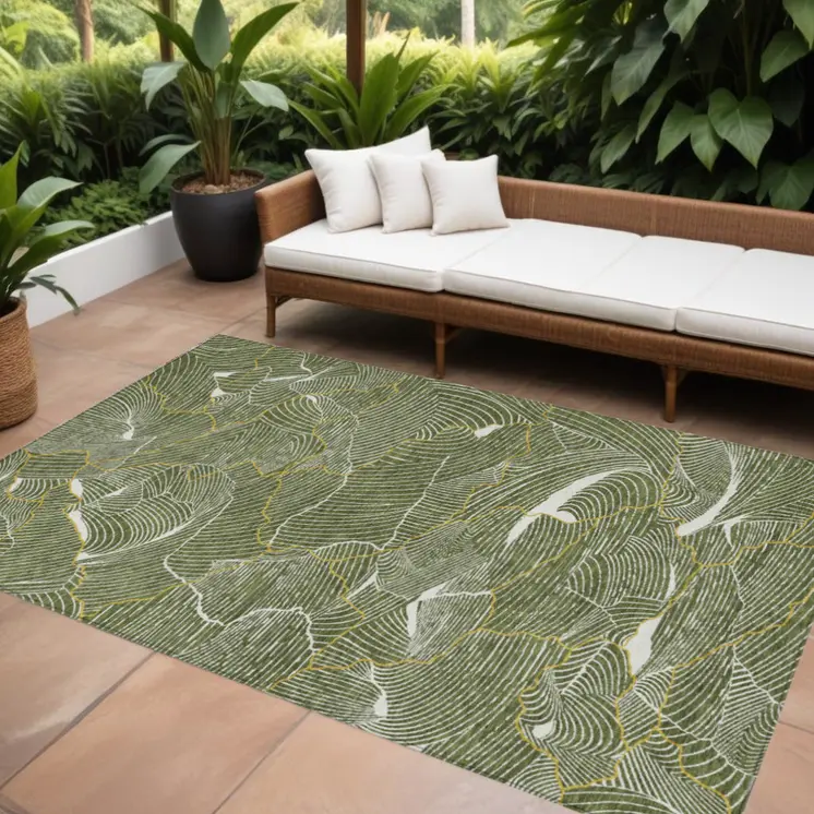 9' X 12' Olive Green Gold And Ivory Abstract Washable Indoor Outdoor Area Rug