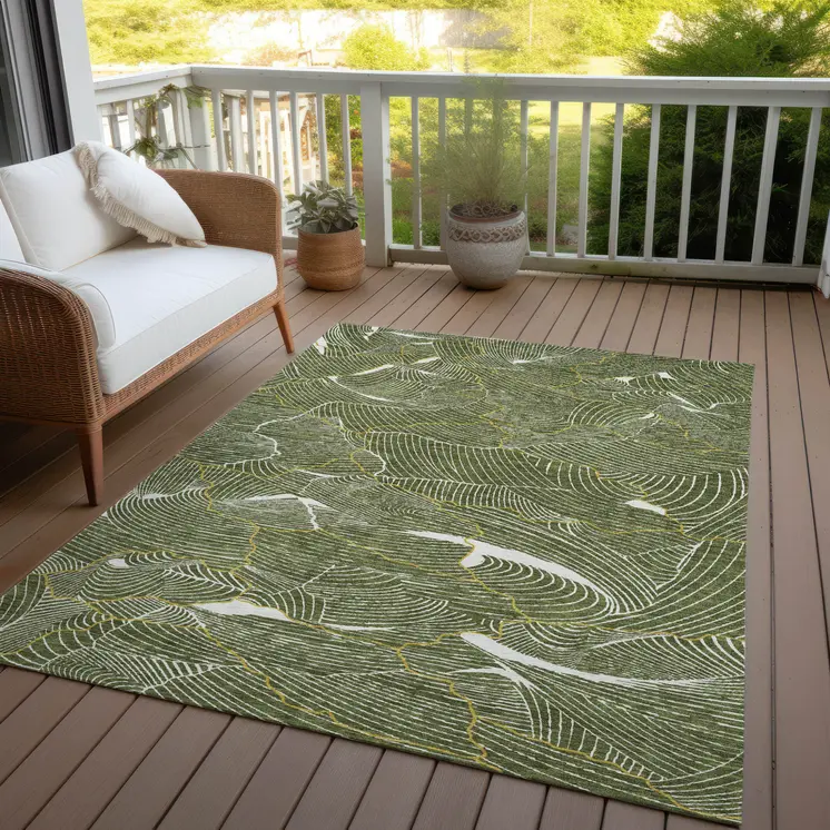 9' X 12' Olive Green Gold And Ivory Abstract Washable Indoor Outdoor Area Rug