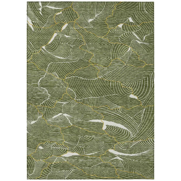 9' X 12' Olive Green Gold And Ivory Abstract Washable Indoor Outdoor Area Rug