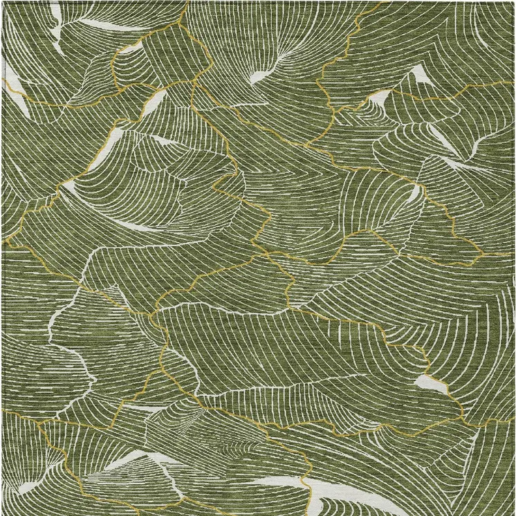 9' X 12' Olive Green Gold And Ivory Abstract Washable Indoor Outdoor Area Rug