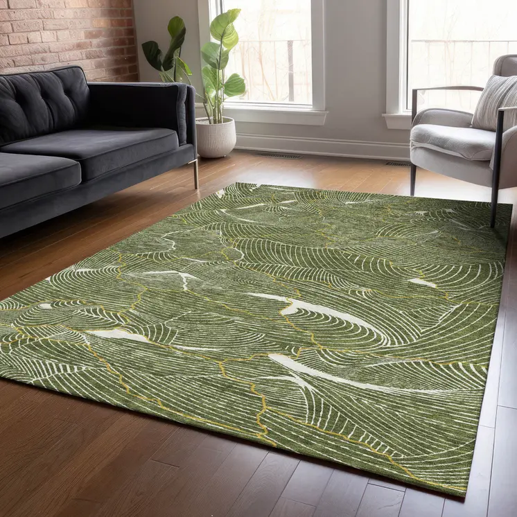 9' X 12' Olive Green Gold And Ivory Abstract Washable Indoor Outdoor Area Rug