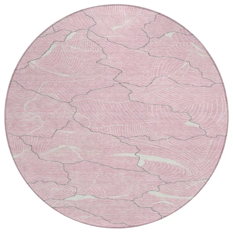 8' Pink Ivory And Gray Round Abstract Washable Indoor Outdoor Area Rug