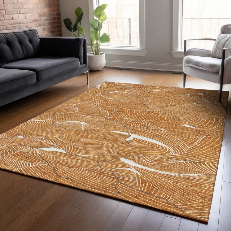 5' X 8' Copper Brown And Ivory Abstract Washable Indoor Outdoor Area Rug
