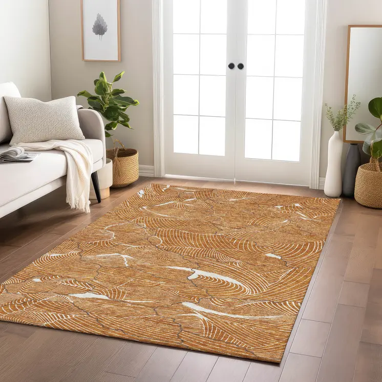 5' X 8' Copper Brown And Ivory Abstract Washable Indoor Outdoor Area Rug