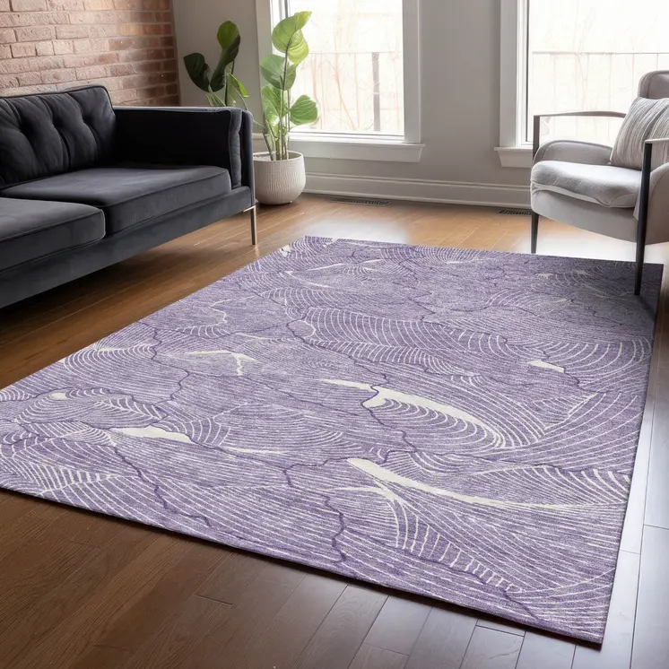 3' X 5' Purple And Ivory Abstract Washable Indoor Outdoor Area Rug