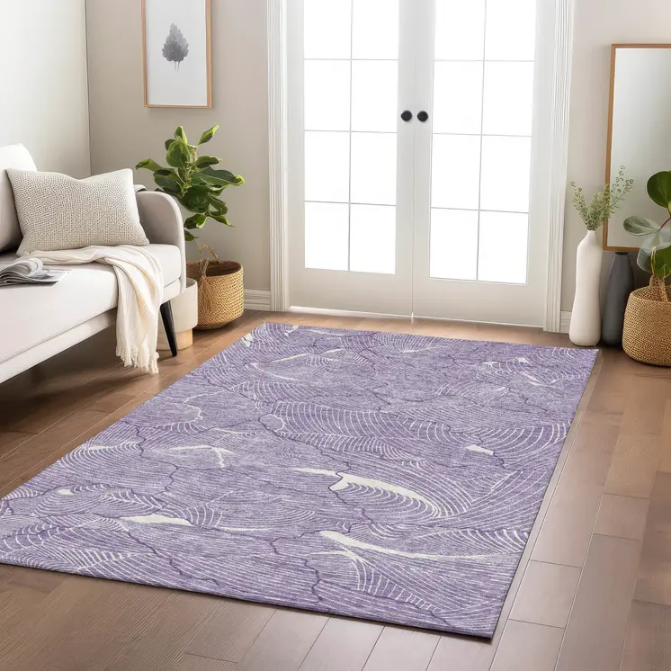 3' X 5' Purple And Ivory Abstract Washable Indoor Outdoor Area Rug