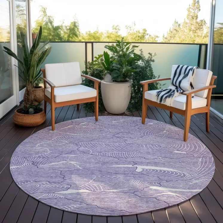 8' Purple And Ivory Round Abstract Washable Indoor Outdoor Area Rug