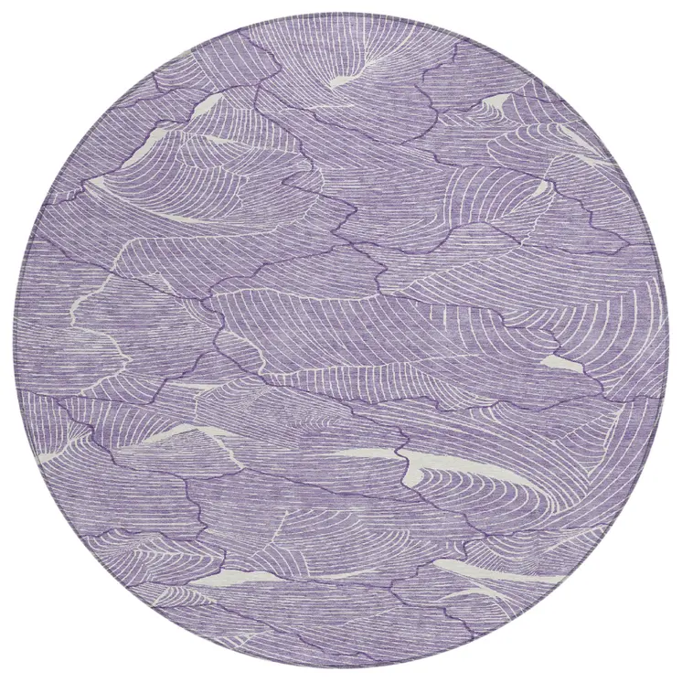 8' Purple And Ivory Round Abstract Washable Indoor Outdoor Area Rug