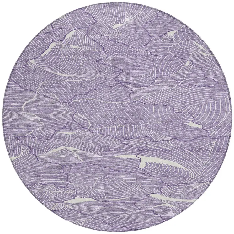 8' Purple And Ivory Round Abstract Washable Indoor Outdoor Area Rug