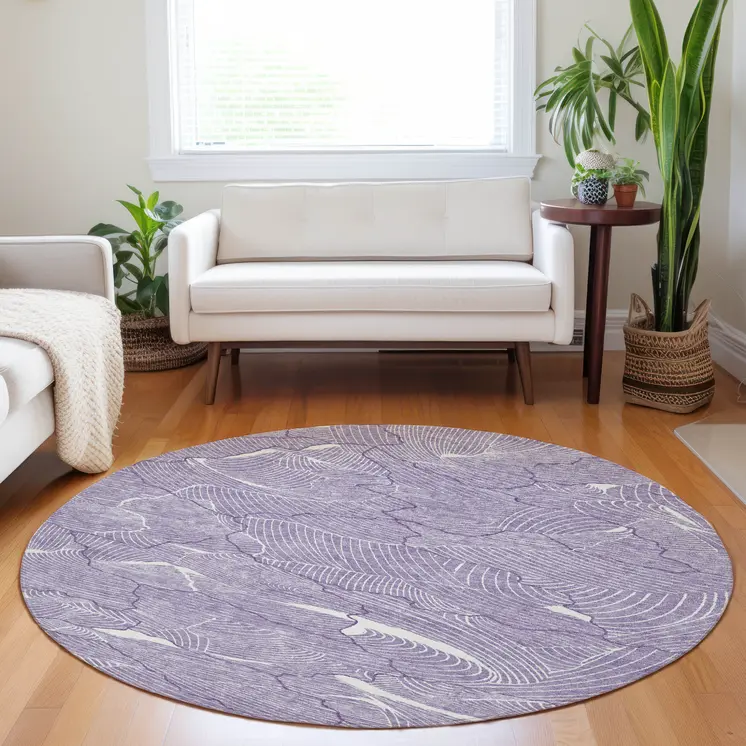 8' Purple And Ivory Round Abstract Washable Indoor Outdoor Area Rug