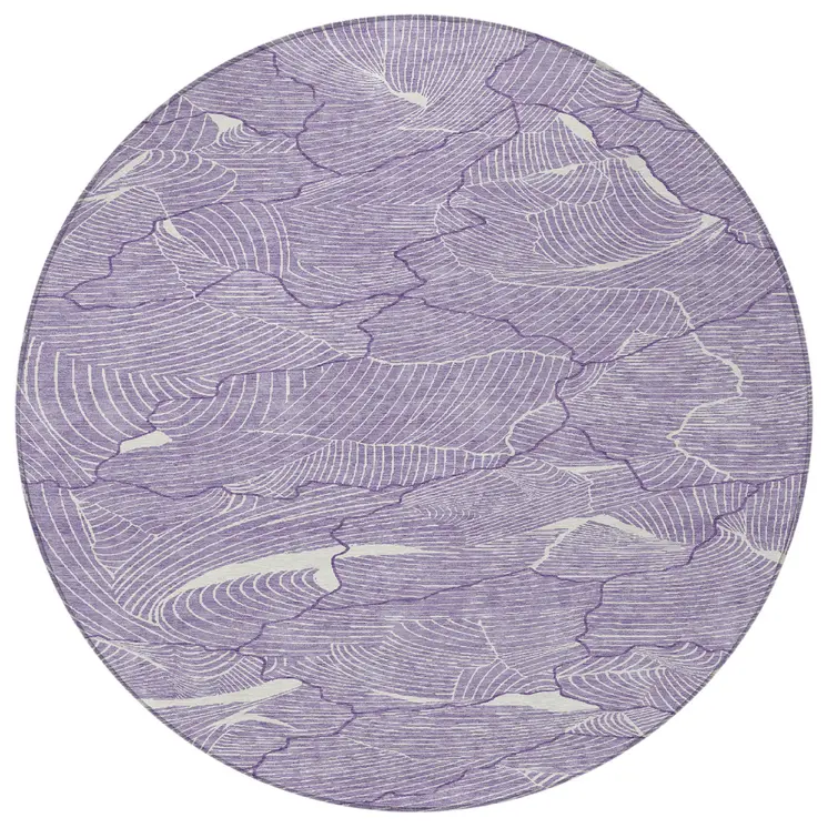 8' Purple And Ivory Round Abstract Washable Indoor Outdoor Area Rug