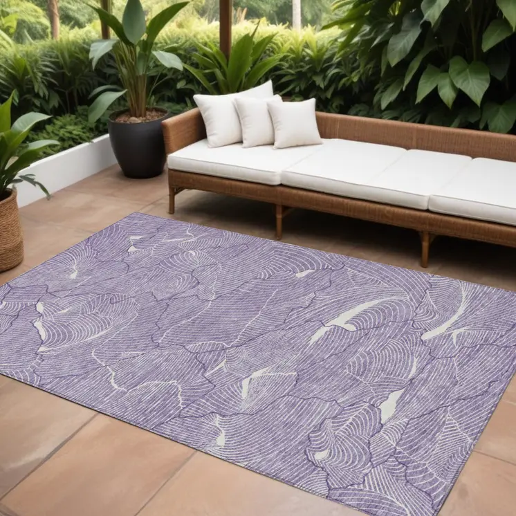 10' X 14' Purple And Ivory Abstract Washable Indoor Outdoor Area Rug