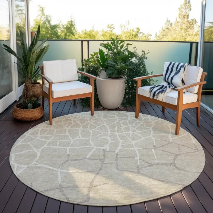 8' Beige And Tan Round Abstract Washable Indoor Outdoor Area Rug