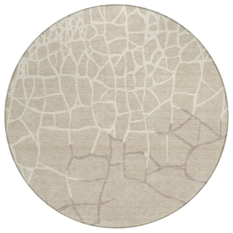 8' Beige And Tan Round Abstract Washable Indoor Outdoor Area Rug