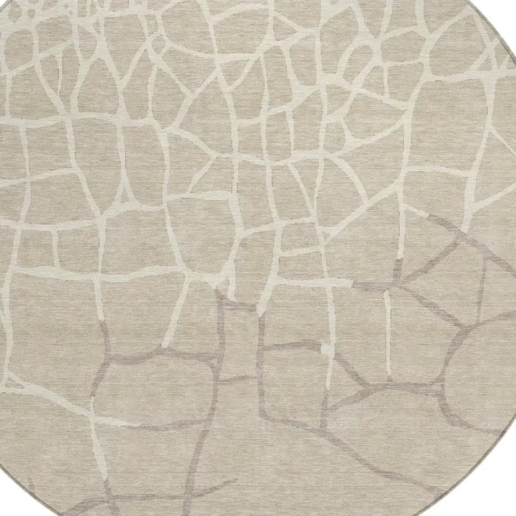 8' Beige And Tan Round Abstract Washable Indoor Outdoor Area Rug