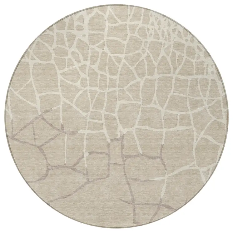 8' Beige And Tan Round Abstract Washable Indoor Outdoor Area Rug