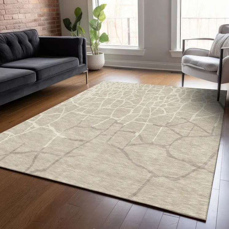 8' X 10' Beige And Tan Abstract Washable Indoor Outdoor Area Rug