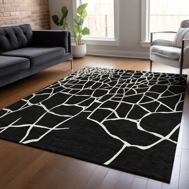 5' X 8' Black And Beige Abstract Washable Indoor Outdoor Area Rug