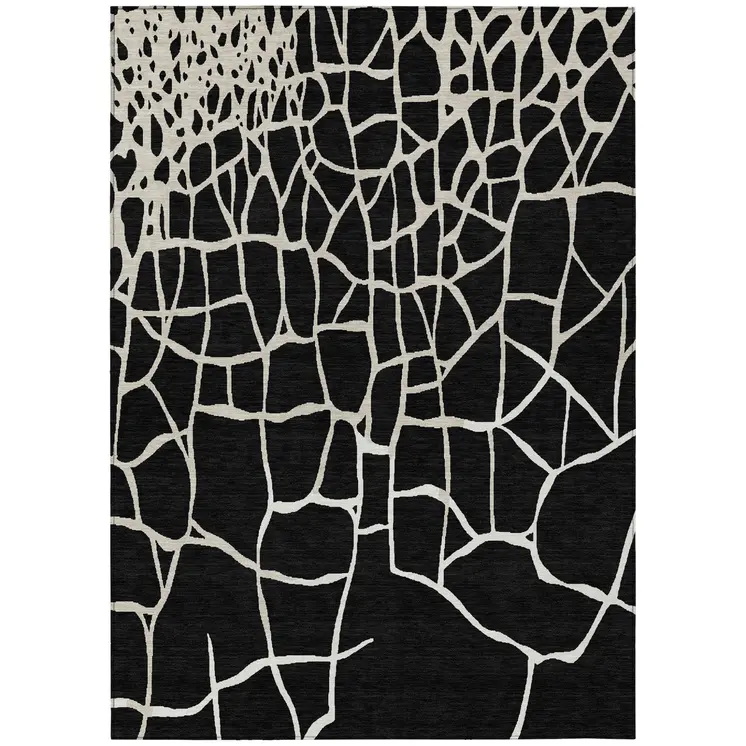 9' X 12' Black And Beige Abstract Washable Indoor Outdoor Area Rug