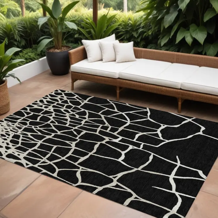 10' X 14' Black And Beige Abstract Washable Indoor Outdoor Area Rug