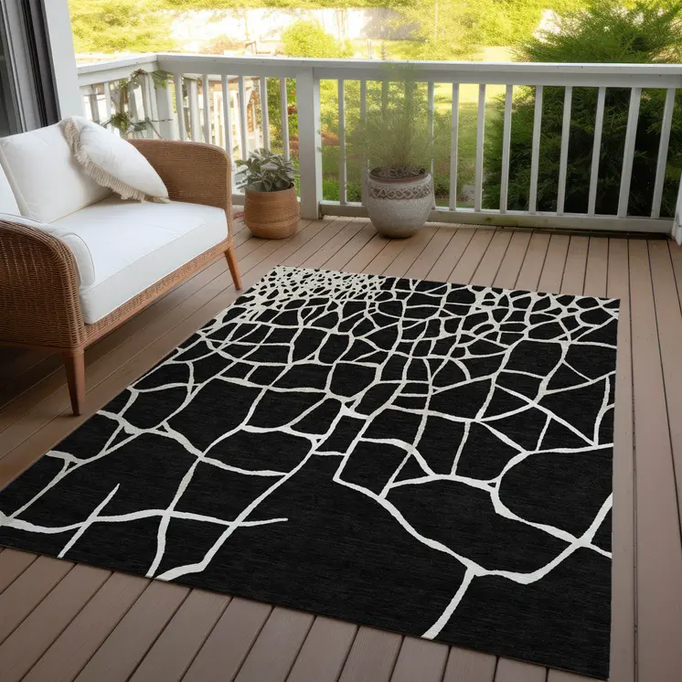 10' X 14' Black And Beige Abstract Washable Indoor Outdoor Area Rug