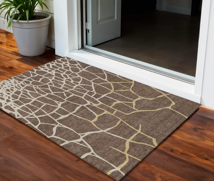 3' X 5' Brown And Tan Abstract Washable Indoor Outdoor Area Rug