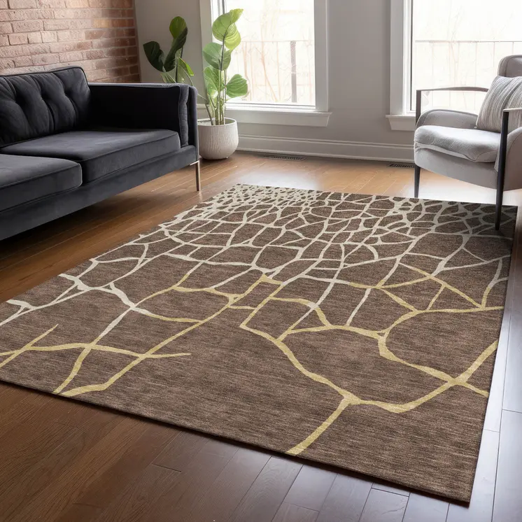 3' X 5' Brown And Tan Abstract Washable Indoor Outdoor Area Rug