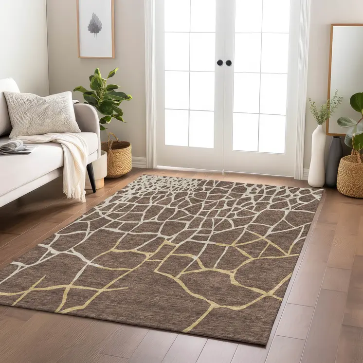 3' X 5' Brown And Tan Abstract Washable Indoor Outdoor Area Rug