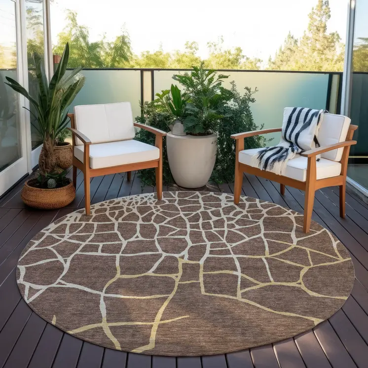 8' Brown And Tan Round Abstract Washable Indoor Outdoor Area Rug