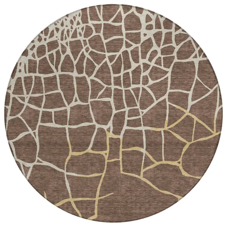 8' Brown And Tan Round Abstract Washable Indoor Outdoor Area Rug