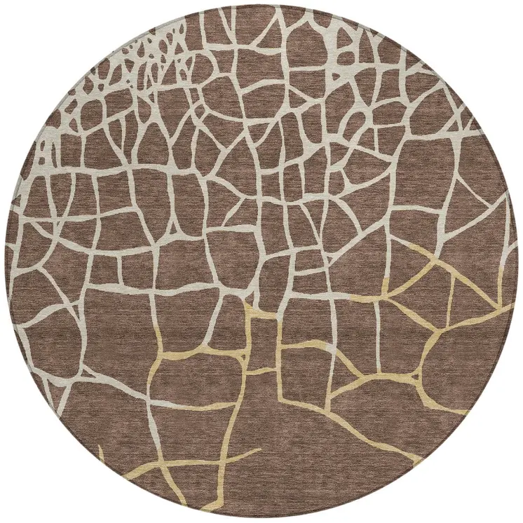 8' Brown And Tan Round Abstract Washable Indoor Outdoor Area Rug