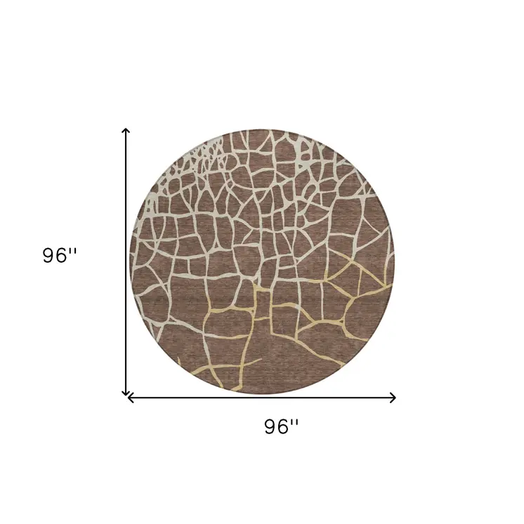 8' Brown And Tan Round Abstract Washable Indoor Outdoor Area Rug