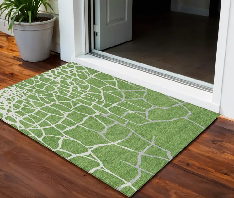 3' X 5' Green And Ivory Abstract Washable Indoor Outdoor Area Rug