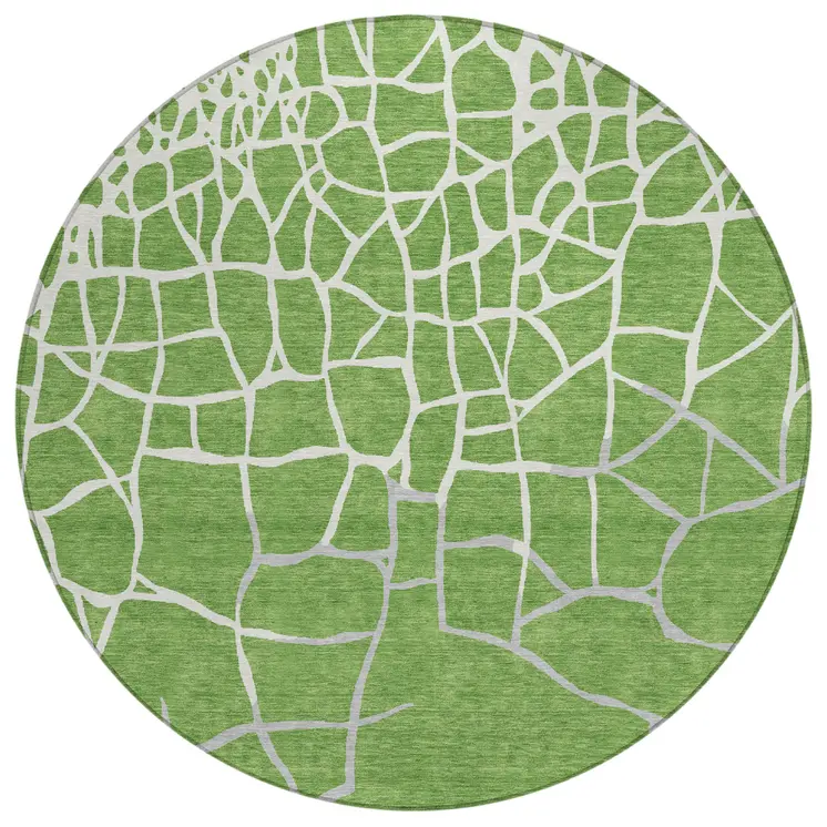 8' Green And Ivory Round Abstract Washable Indoor Outdoor Area Rug