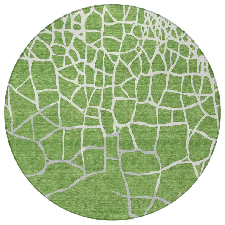 8' Green And Ivory Round Abstract Washable Indoor Outdoor Area Rug