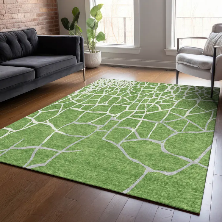 8' X 10' Green And Ivory Abstract Washable Indoor Outdoor Area Rug